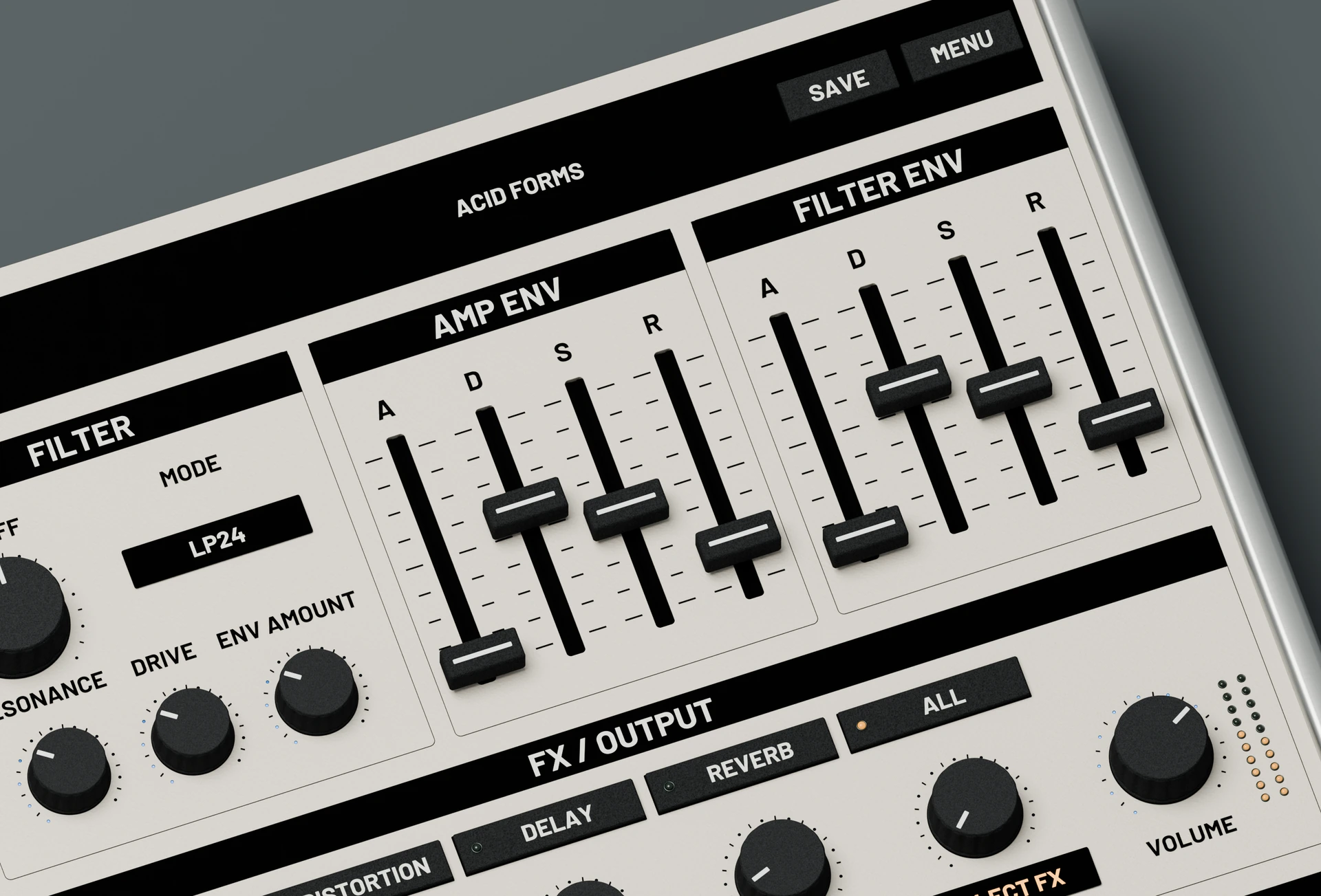 Design render of the PsyFold 8 filter and separate amp and filter ADSR faders