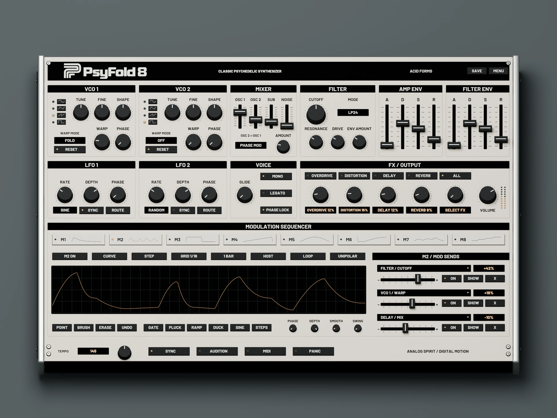 Full PsyFold 8 panel design with oscillators, mixer, filter, envelopes, modulation and effects