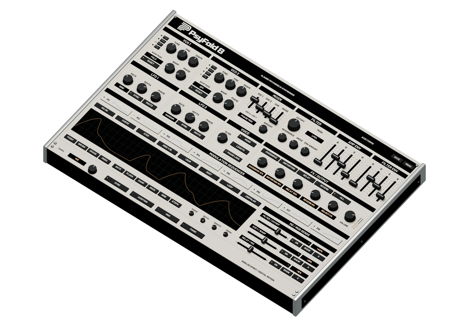 PsyFold 8 software synthesizer, shown as a three-dimensional design render with a silver panel and black controls