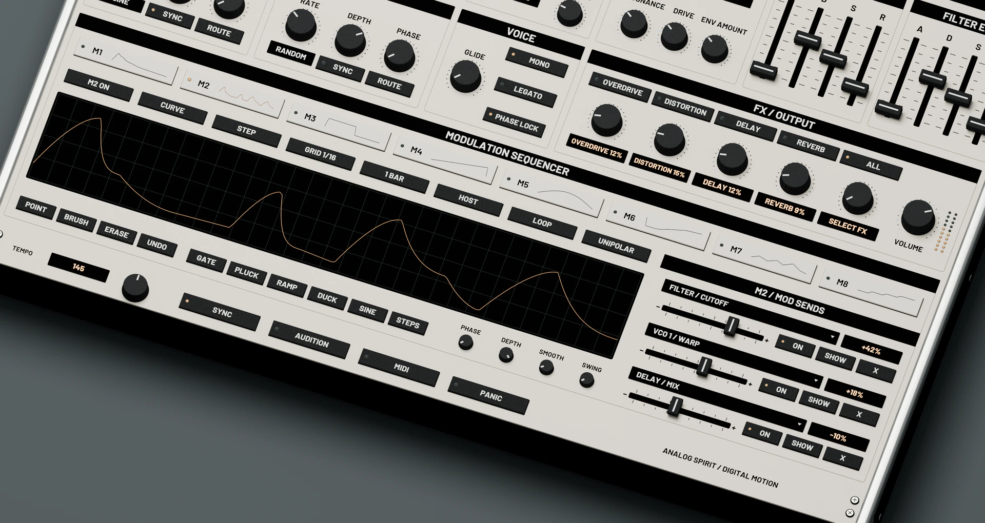 PsyFold 8 design render showing the drawable modulation curve and three modulation sends