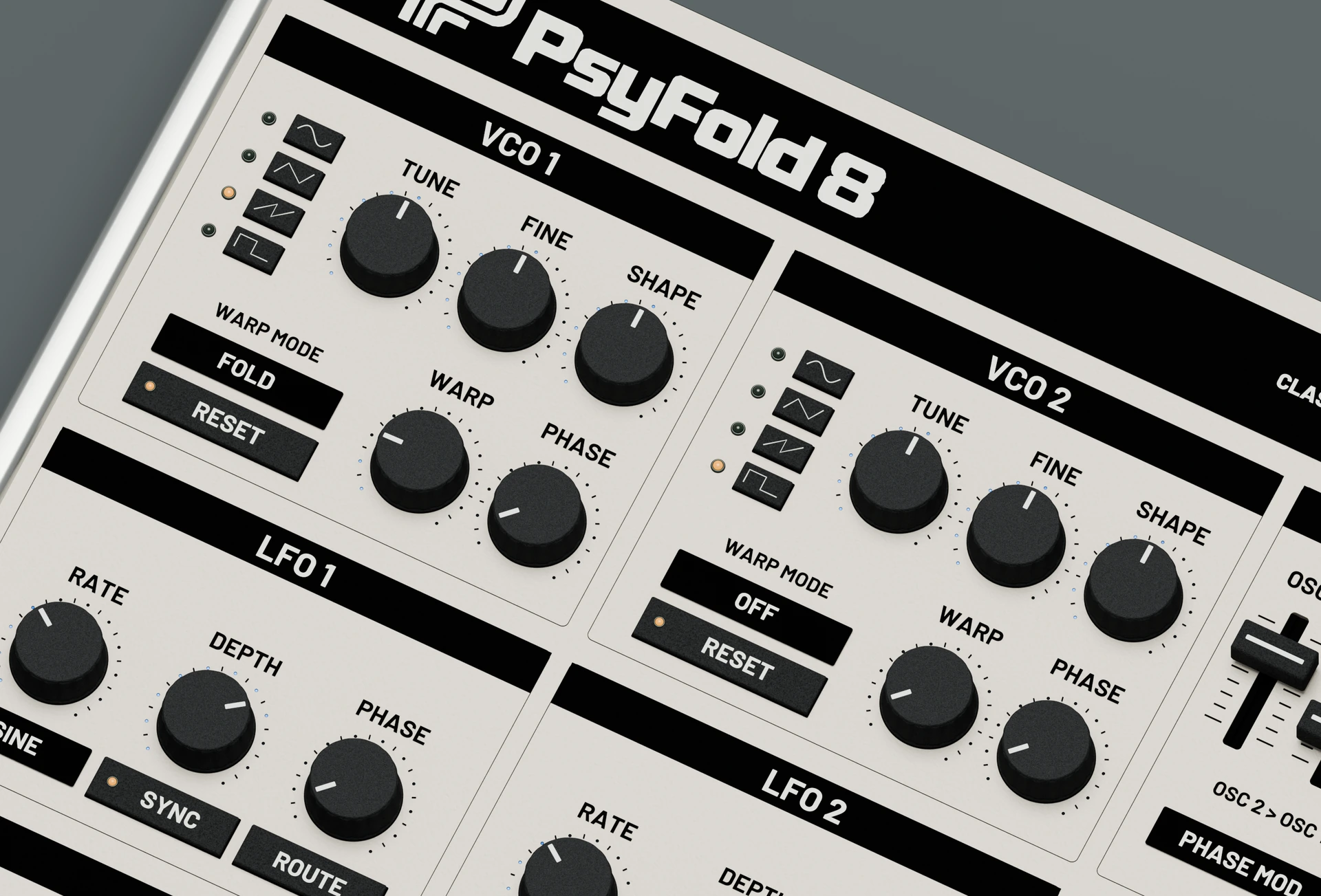 Design render of the PsyFold 8 oscillator waveform, tuning and warp controls