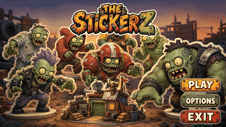 Animated title screen for The Stickerz showing comic zombie standees surrounding a fortified junkyard house