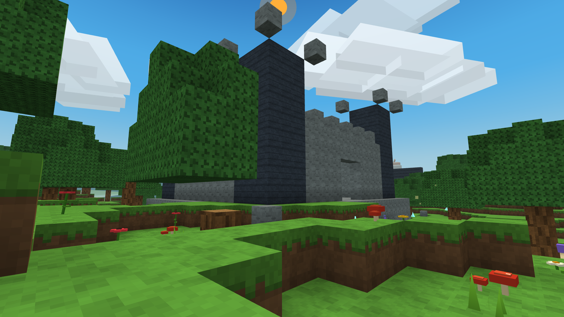 Voxel Frontier stone castle rising above a green woodland beneath layered clouds