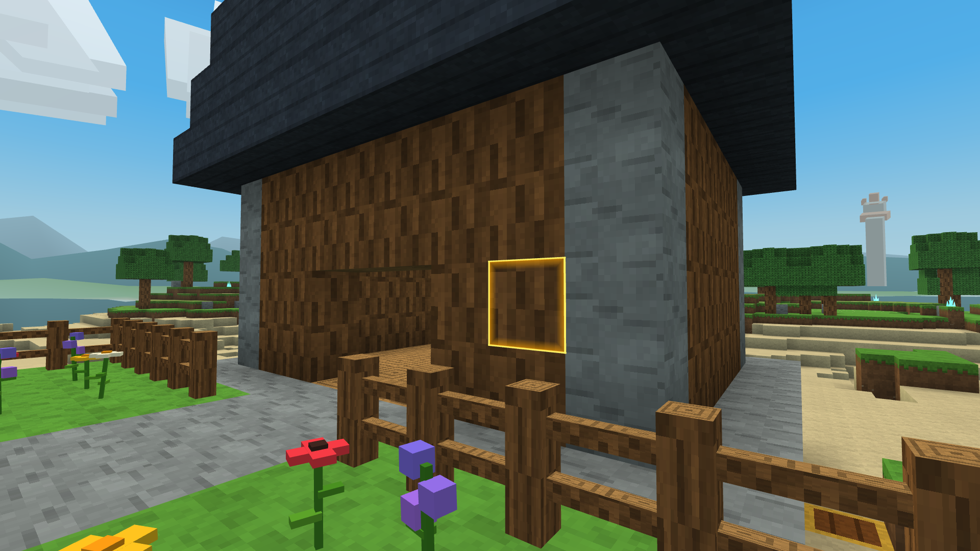 Voxel Frontier wooden cottage beside a fenced flower garden with a highlighted block face