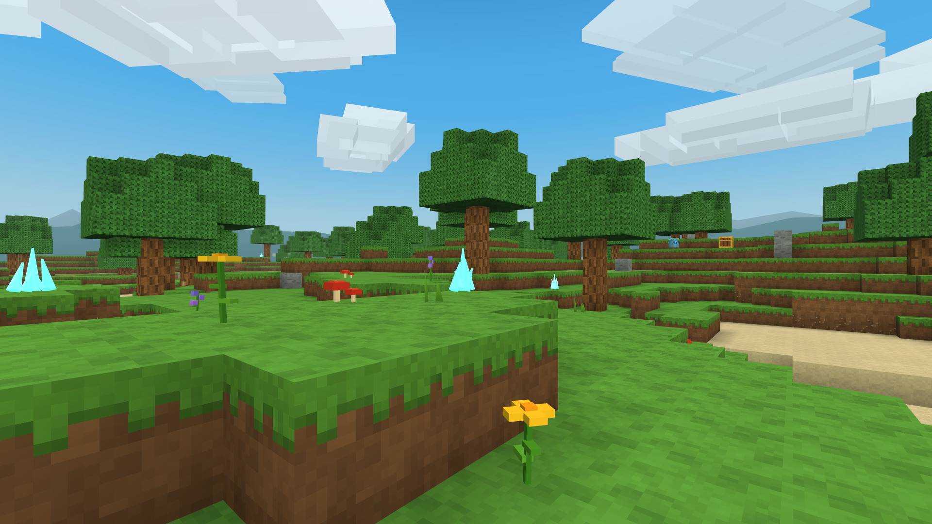 Voxel Frontier meadow with glowing crystals, flowers, mushrooms, a treasure chest and distant mountains