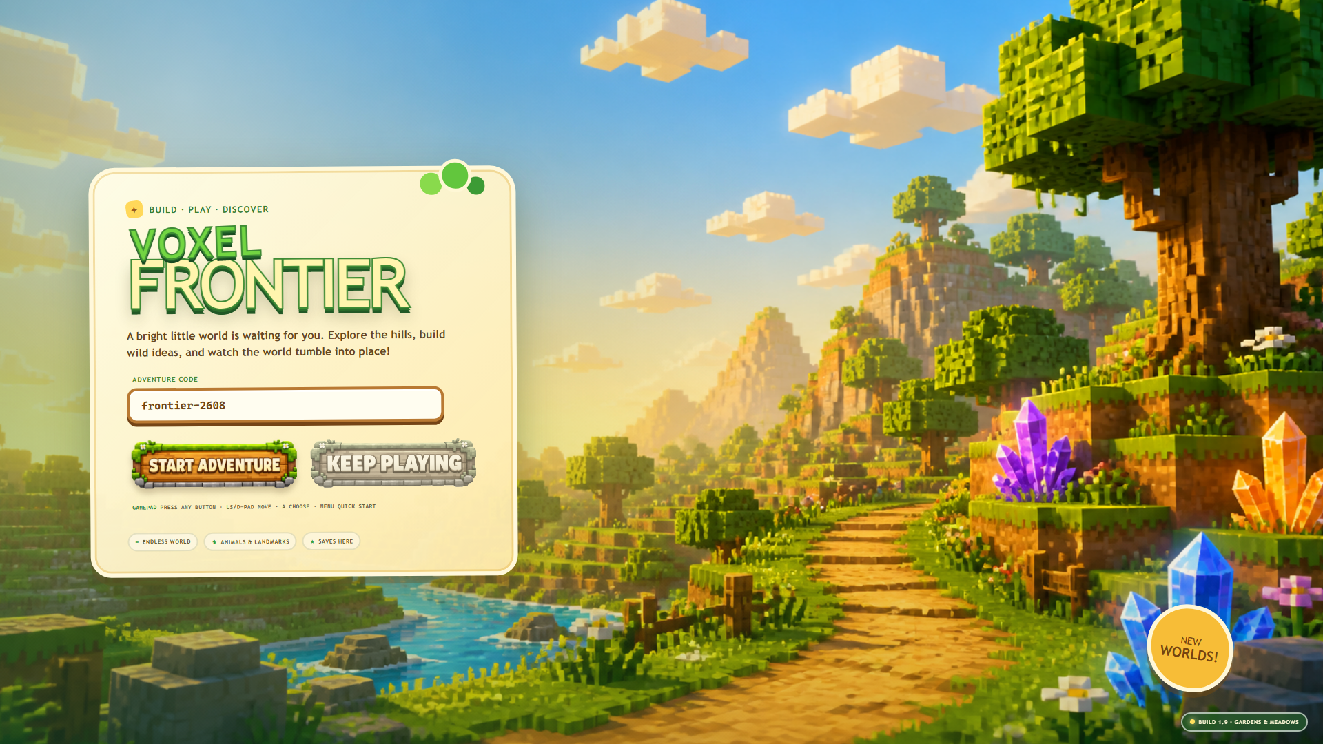 Voxel Frontier updated start screen with a sunlit voxel valley, flowers, water and colorful crystals