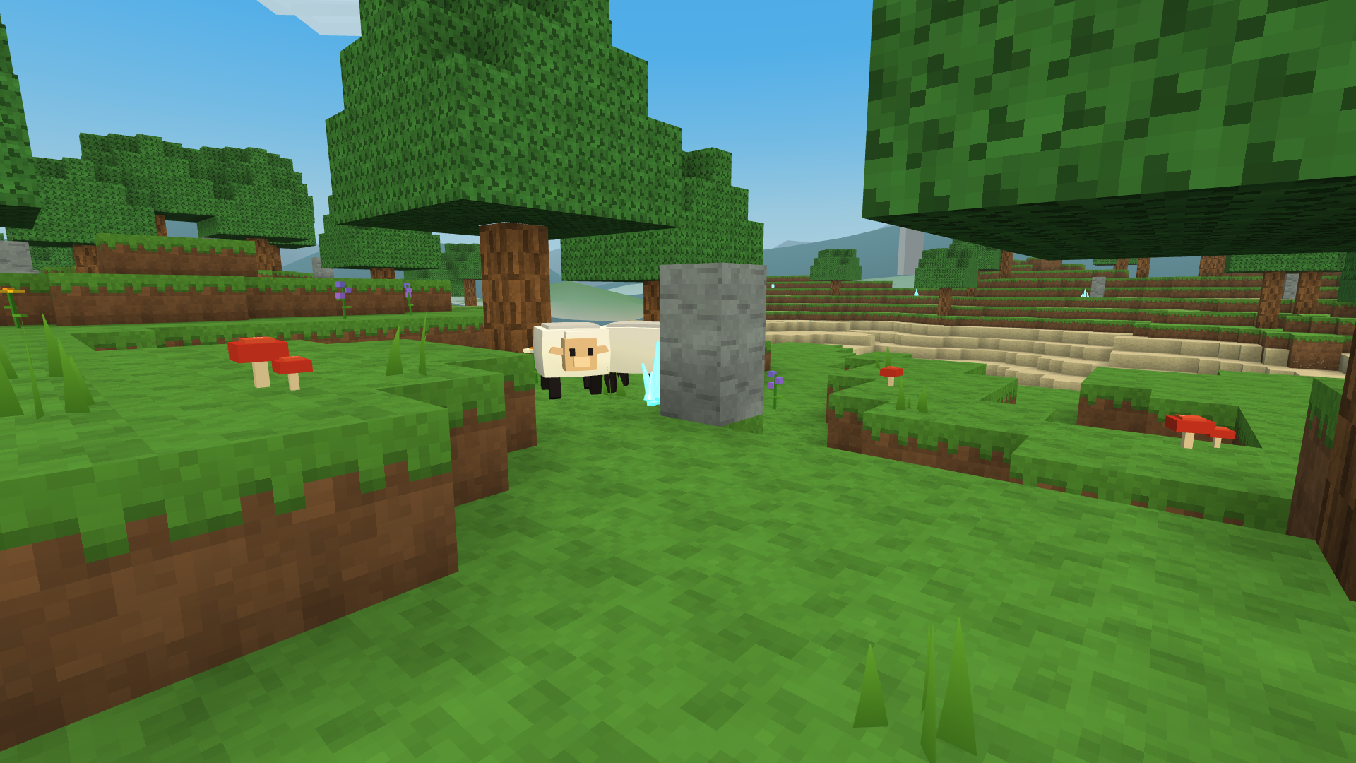 Voxel Frontier sheep in a forest meadow among flowers, mushrooms and a glowing crystal