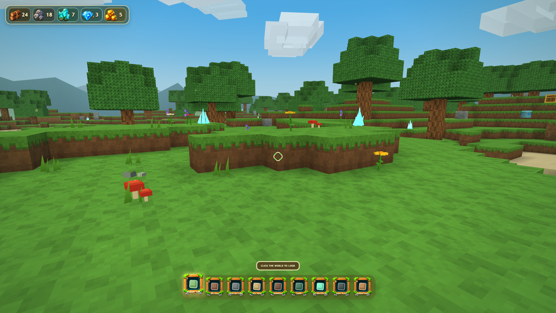 Voxel Frontier first-person gameplay with flowers, glowing crystals, resource counters and the nine-slot building bar