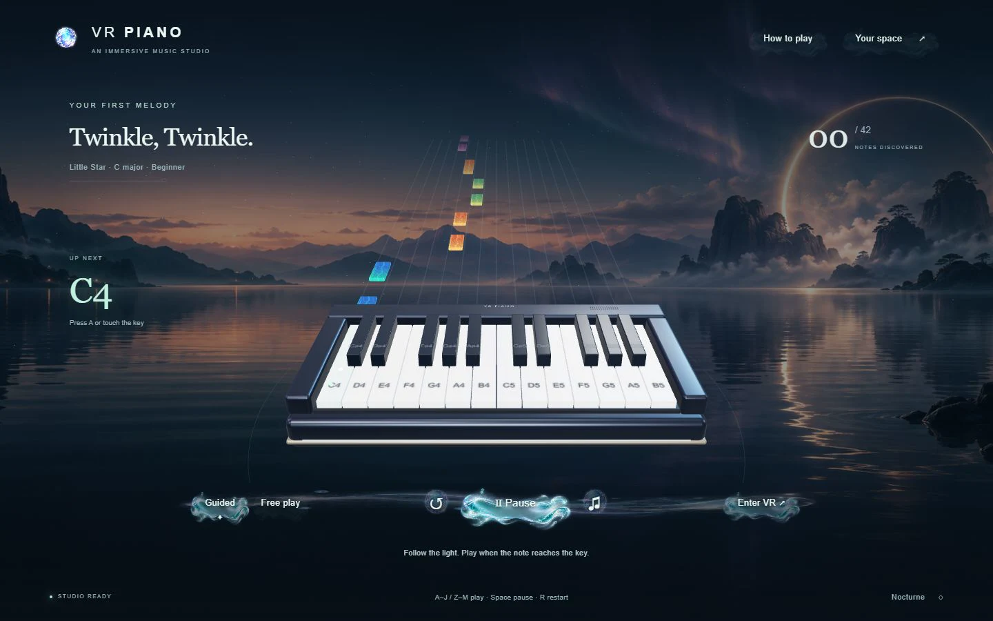 VR Piano guided lesson with colored notes approaching a labeled two-octave keyboard