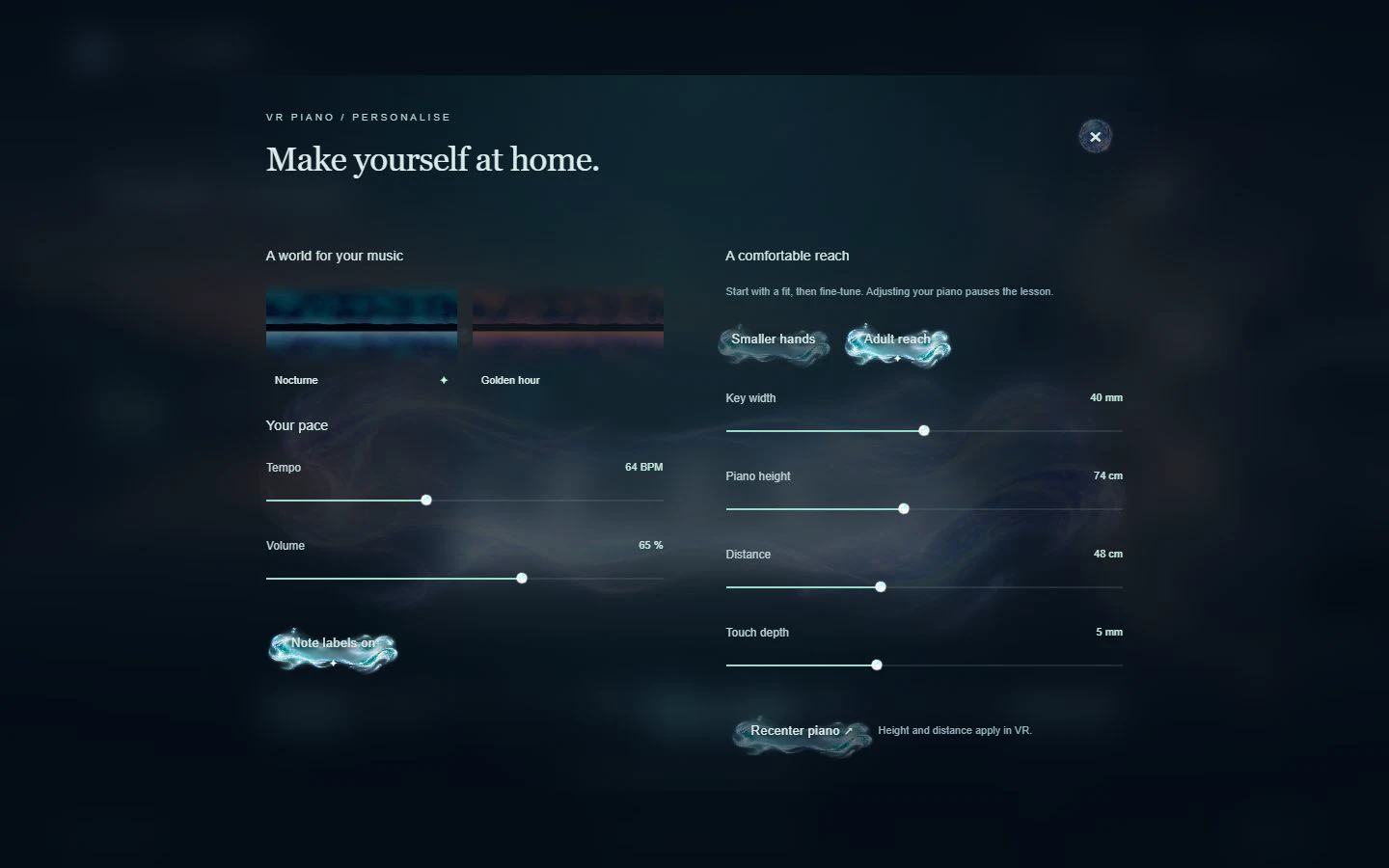 VR Piano settings for hand-size presets, key width, piano height, reach, touch depth, tempo and volume