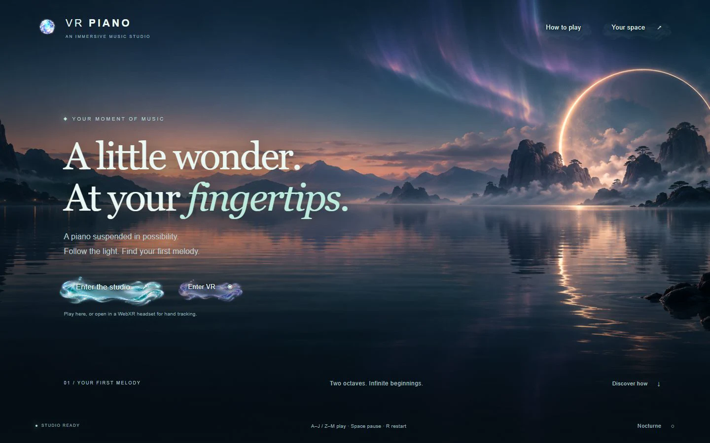 VR Piano welcome screen overlooking a lake beneath an illuminated halo